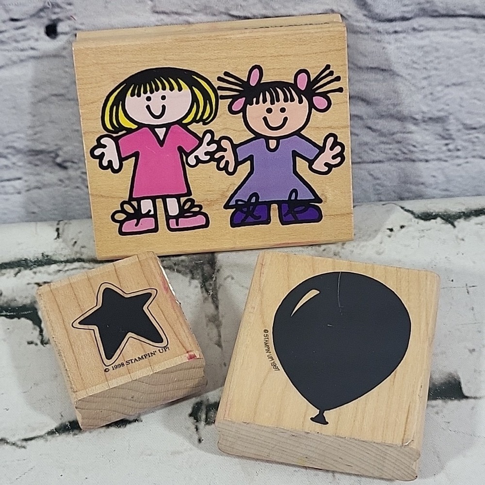 Vintage Rubber Stamps‎ Lot Of 3 Kids Doodle Ballon Star Mounted Crafts